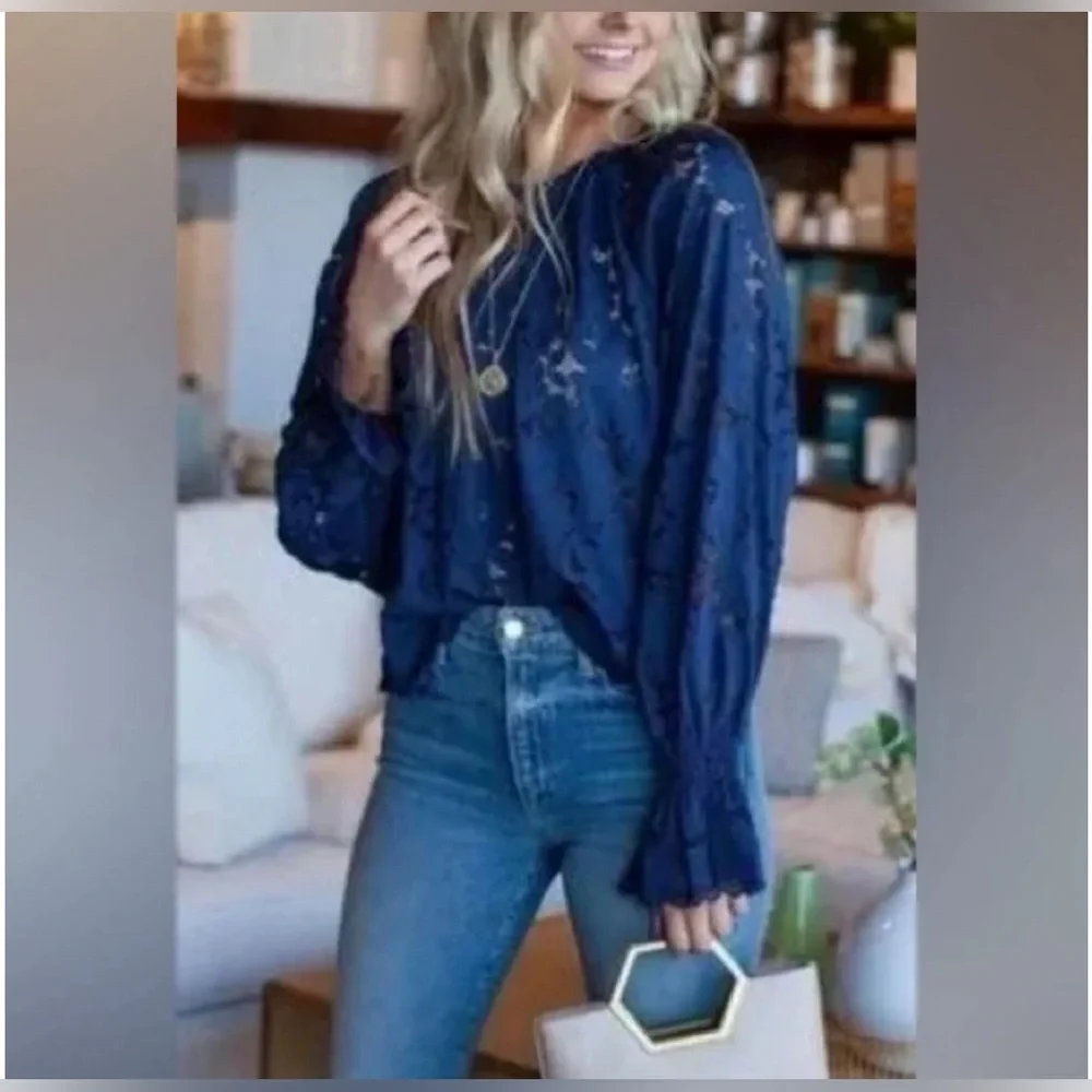 Free People Navy Blue Floral Lace Elastic Sleeve Blouse